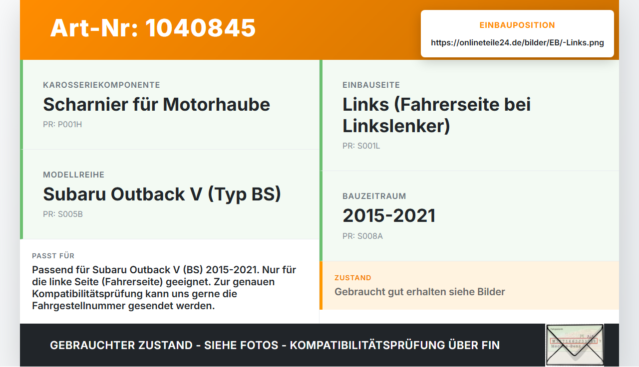 Subaru Outback V BS 15-21 Scharnier für Motorhaube Motorhaubenscharnier Links Subaru Outback V BS 15-21 19.03.20154... Vorschau 3