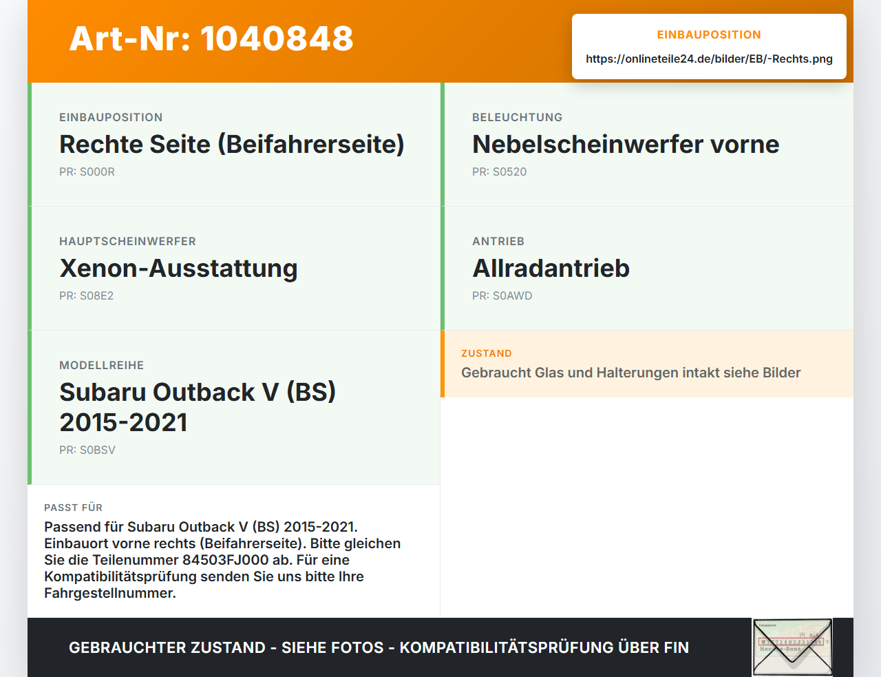 Subaru Outback V BS 15-21 Nebelscheinwerfer Rechts orig Subaru Outback V BS 15-21 19.03.20154 84503FJ000 89207244... Vorschau 3