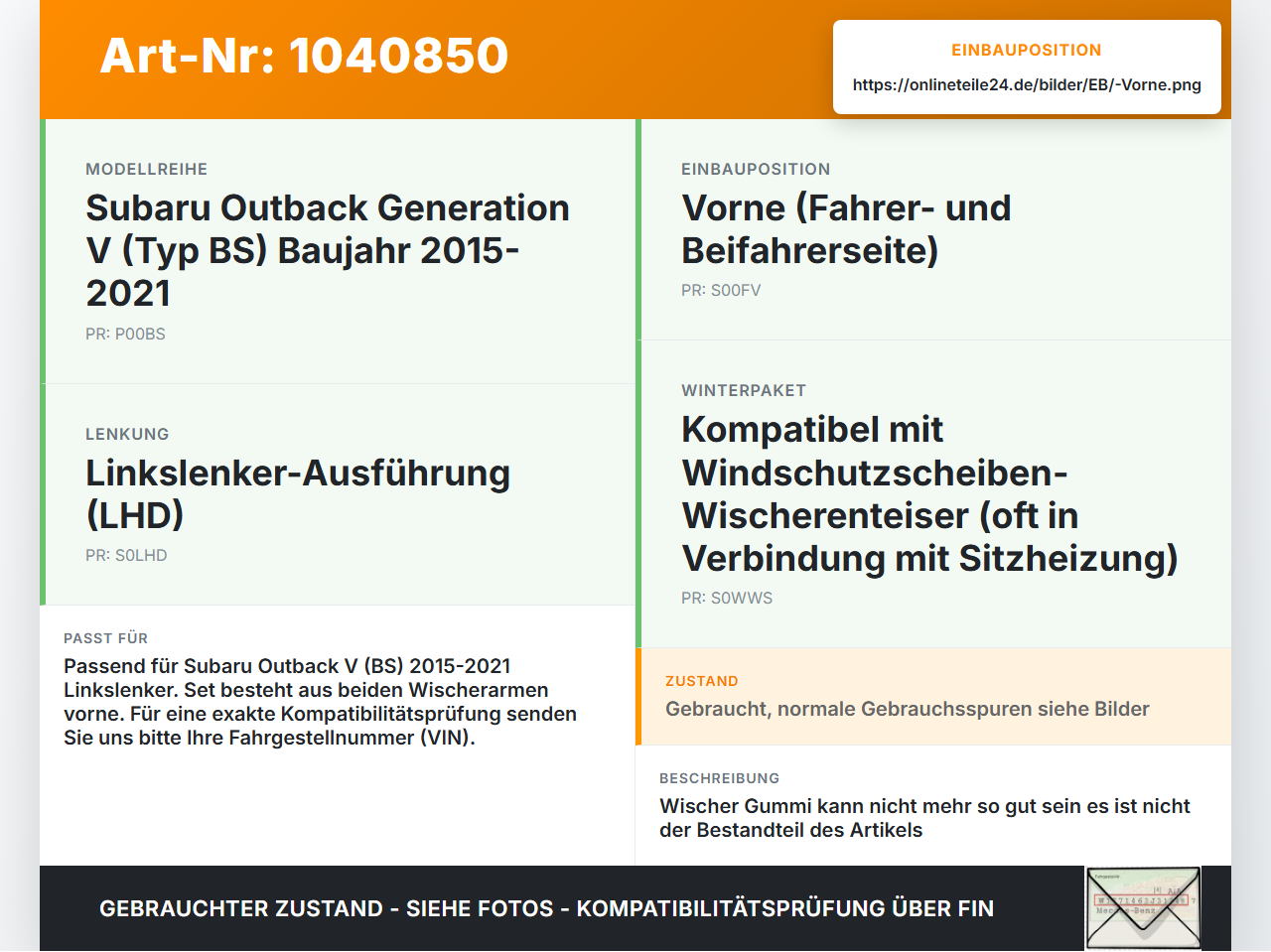 Subaru Outback V BS 15-21 2x Scheibenwischer Wischarm Vorne Subaru Outback V BS 15-21 19.03.20154 gebraucht Vorschau 3