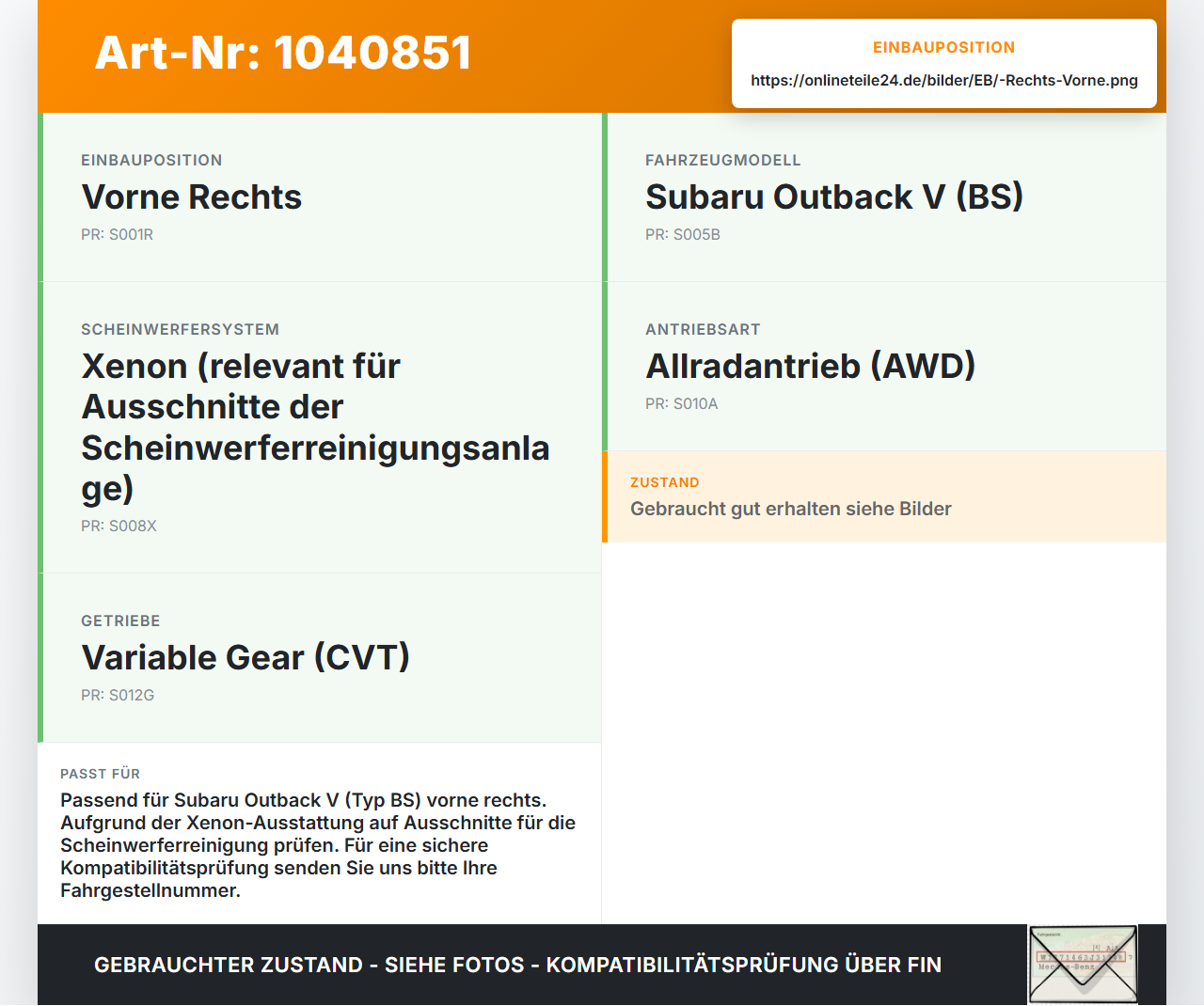Subaru Outback V BS 15-21 Seitenteil für Stoßfänger Stoßstange Kotflügel Rechts Vorne Subaru Outback V BS 15-21... Vorschau 3