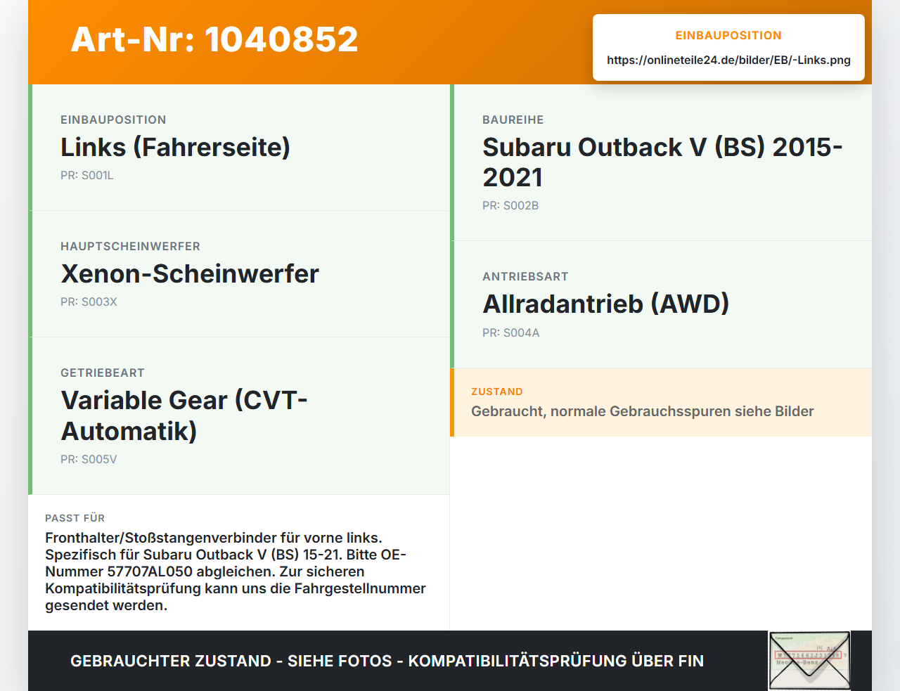 Subaru Outback V BS 15-21 Fronthalter Träger Verbinder Links Subaru Outback V BS 15-21 19.03.20154 57707AL050 gebraucht Vorschau 3