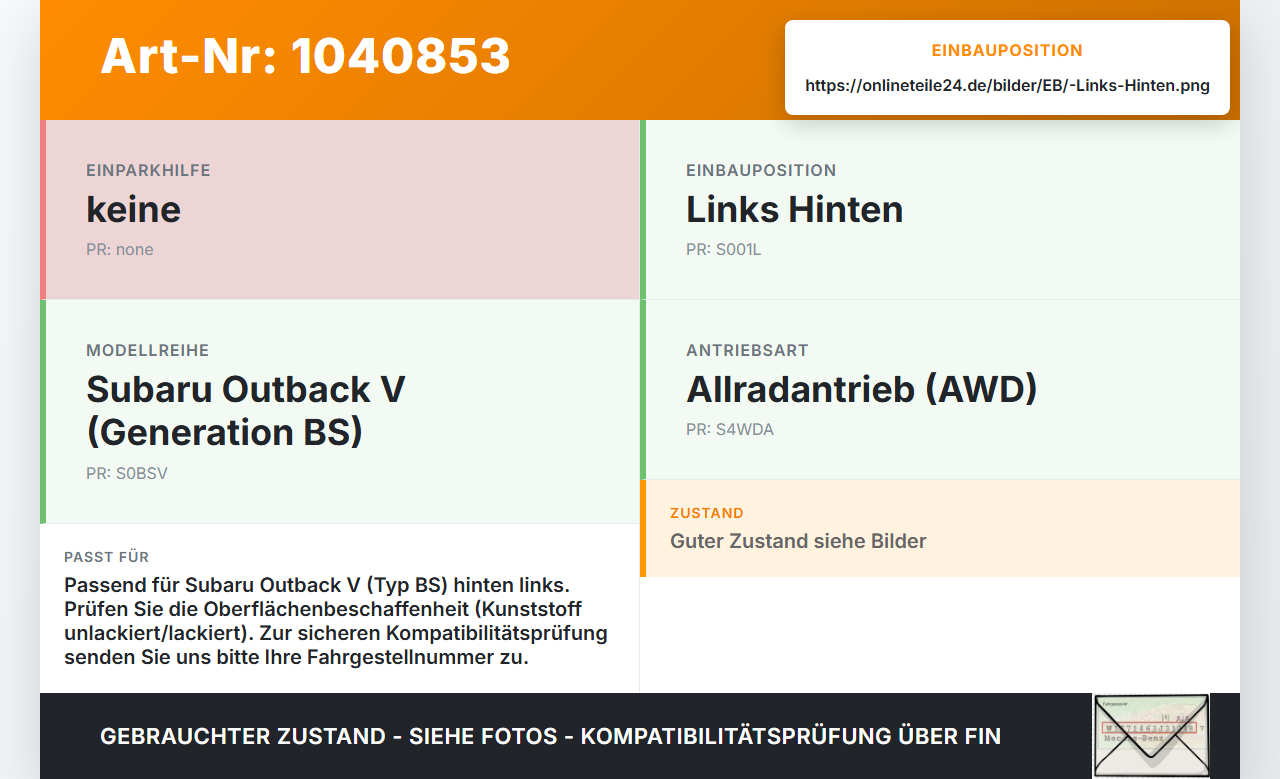 Subaru Outback V BS 15-21 Seitenteil für Stoßstange Stoßfänger Kotflügel Links Hinten D4S Subaru Outback V BS 15-21... Vorschau 3