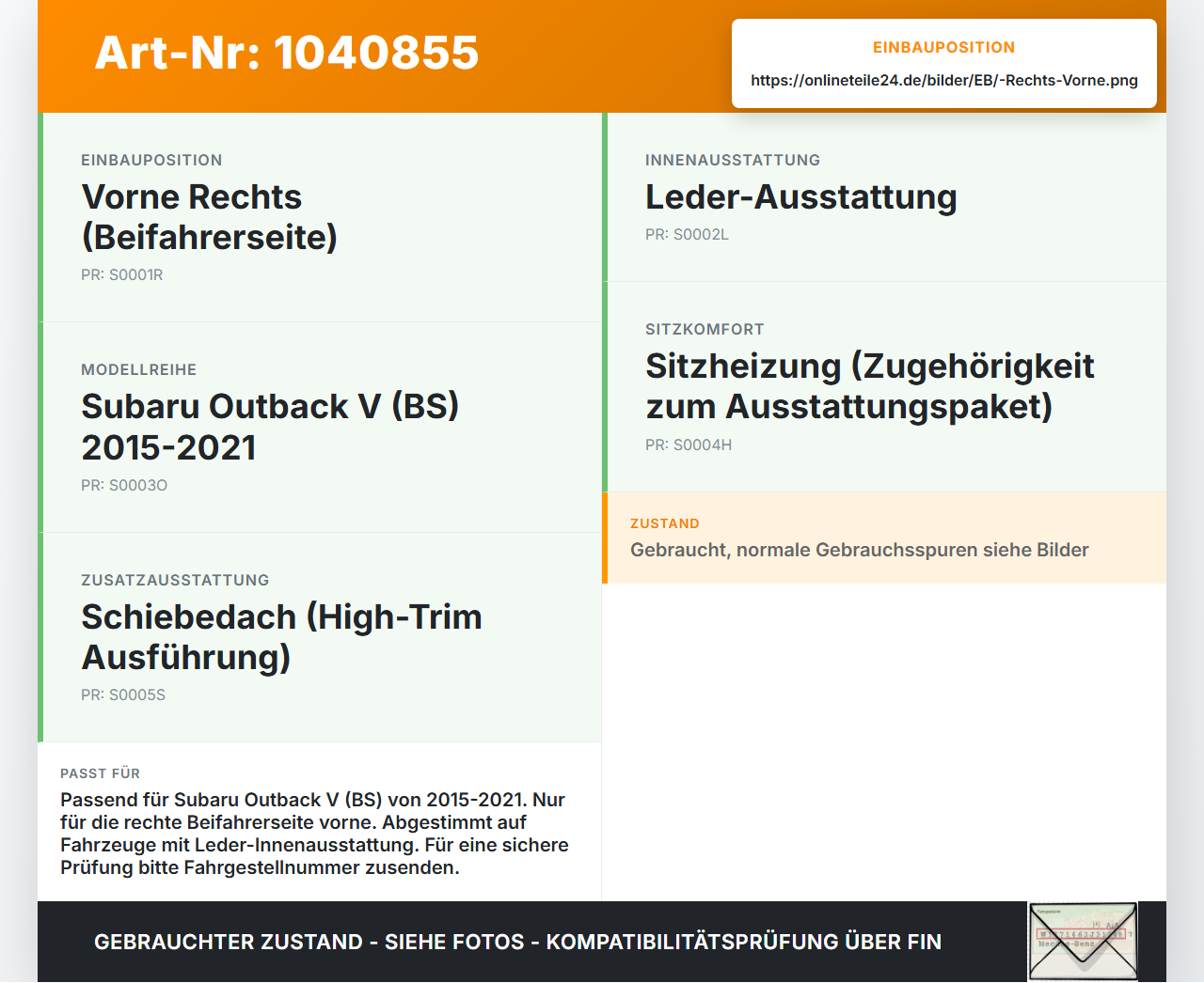 Subaru Outback V BS 15-21 Einstiegsleiste Rechts Vorne Subaru Outback V BS 15-21 19.03.20154 94060AL03A gebraucht Vorschau 3