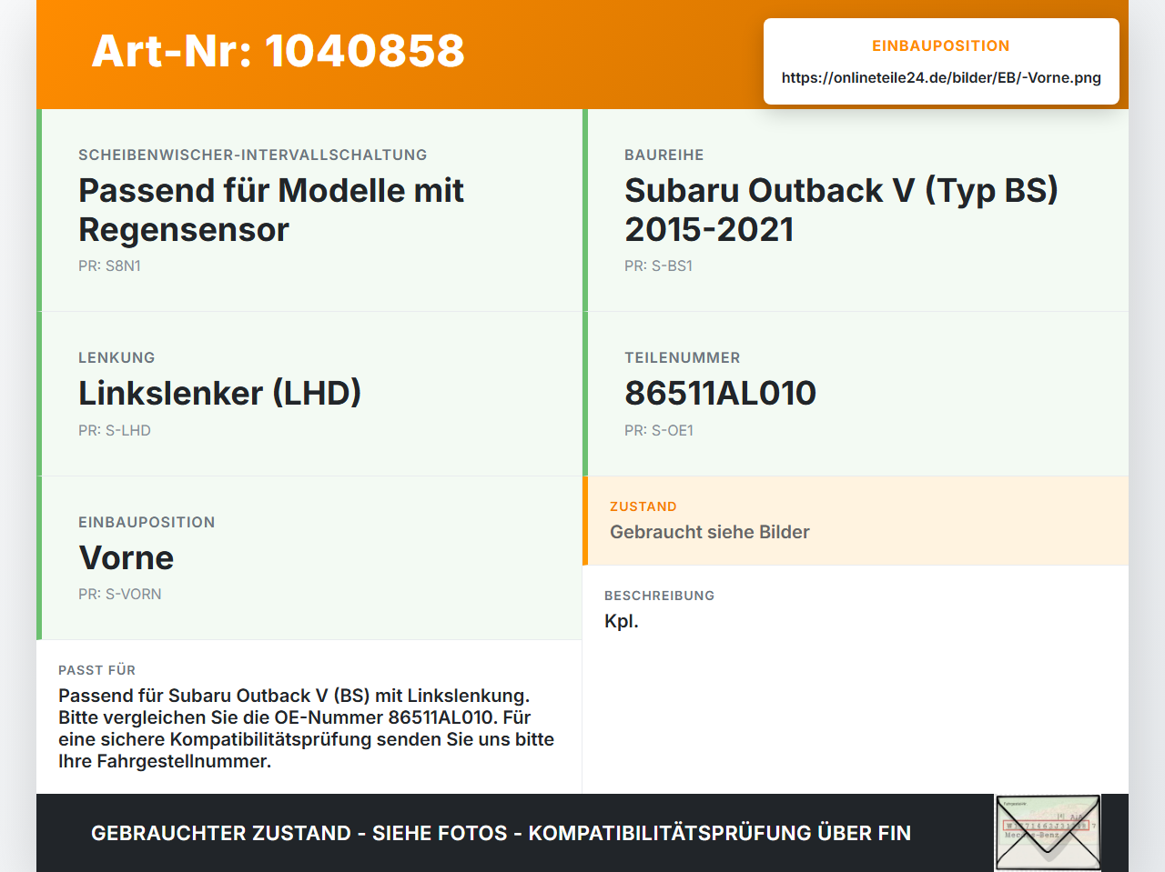 Subaru Outback V BS 15-21 Wischermotor mit Wischergestänge Vorne Subaru Outback V BS 15-21 19.03.20154 86511AL010... Vorschau 3