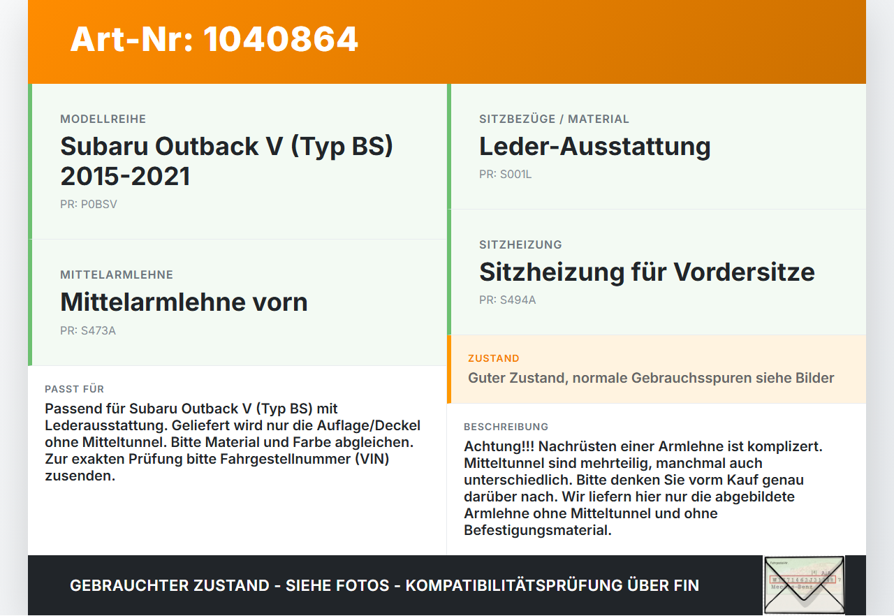 Subaru Outback V BS 15-21 Armlehne Mittelarmlehne Auflage Subaru Outback V BS 15-21 19.03.20154 gebraucht Vorschau 3