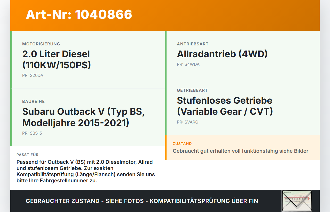 Subaru Outback V BS 15-21 2,0D 110KW 4WD Kardanwelle Subaru Outback V BS 15-21 19.03.20154 gebraucht Vorschau 3