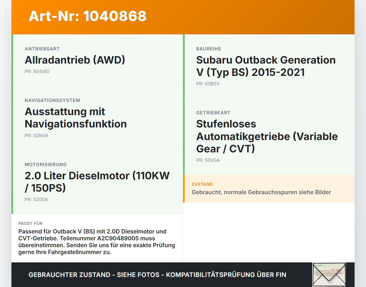Subaru Outback V BS 15-21 2,0D 110KW Kombiinstrument Tacho Subaru Outback V BS 15-21 19.03.20154 A2C90489005 gebraucht Vorschau 3