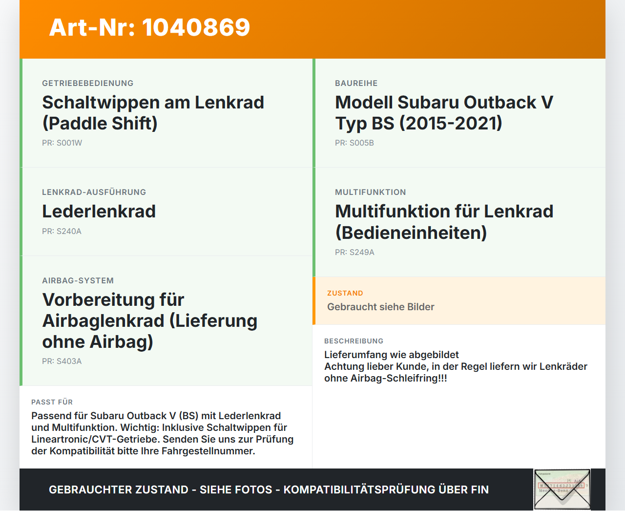 Subaru Outback V BS 15-21 Lenkrad Airbaglenkrad Subaru Outback V BS 15-21 19.03.20154 gebraucht Vorschau 3