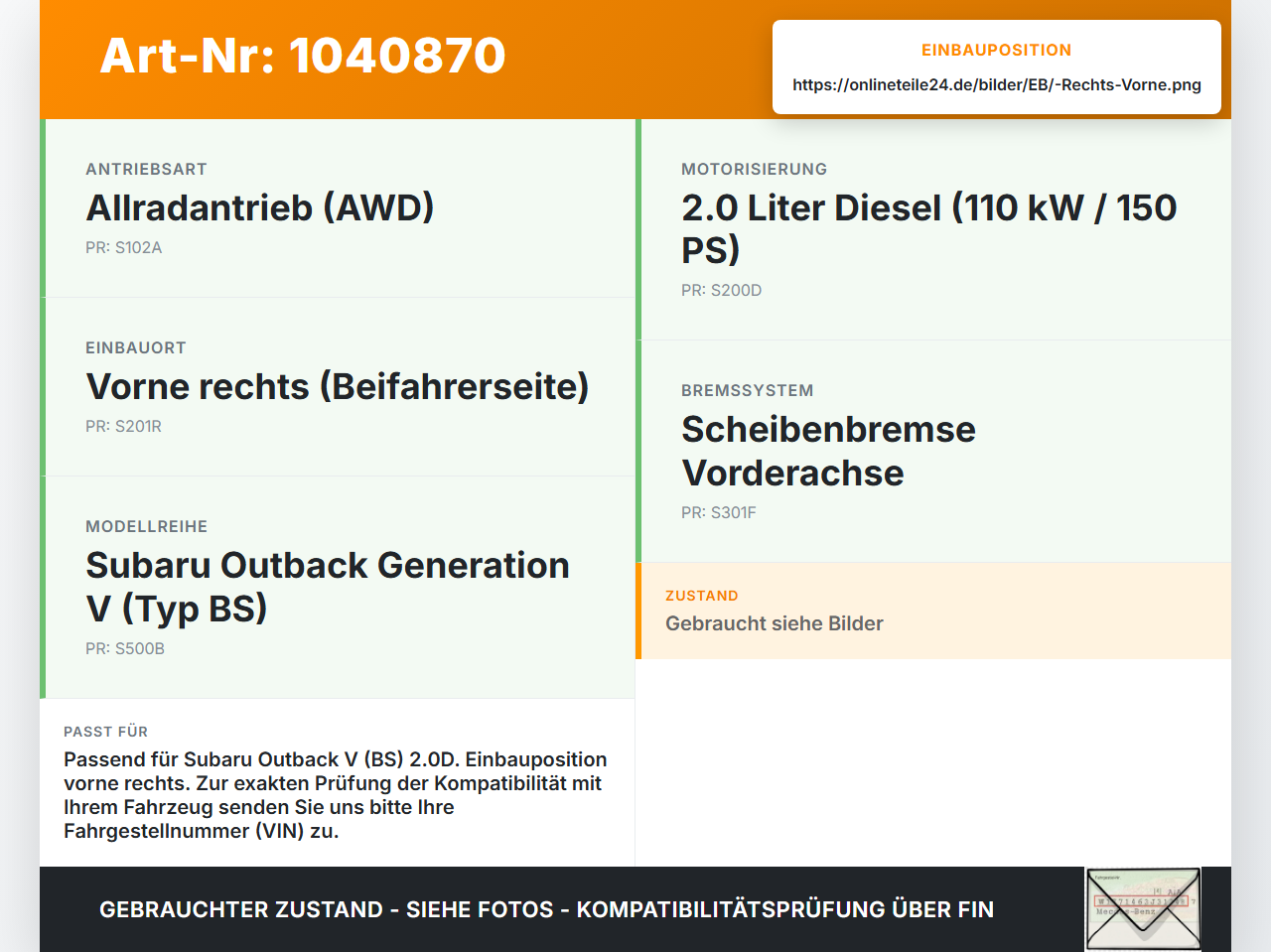 Subaru Outback V BS 15-21 2,0D 110KW Bremssattel Bremszange Vorne Rechts Subaru Outback V BS 15-21 19.03.20154... Vorschau 3
