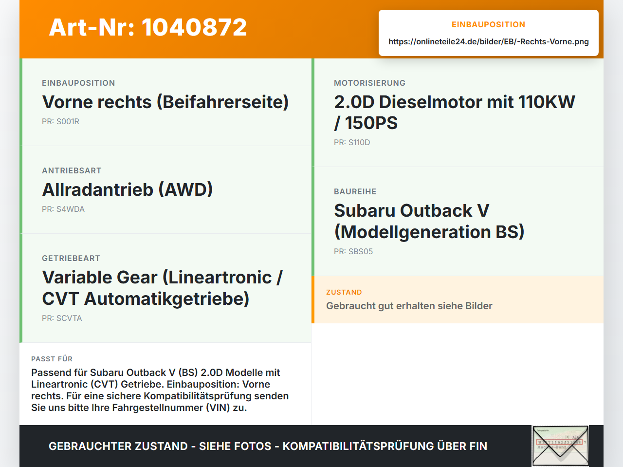 Subaru Outback V BS 15-21 2,0D 110KW Autom 4WD Antriebswelle Gelenkwelle Rechts Vorne Subaru Outback V BS 15-21... Vorschau 3
