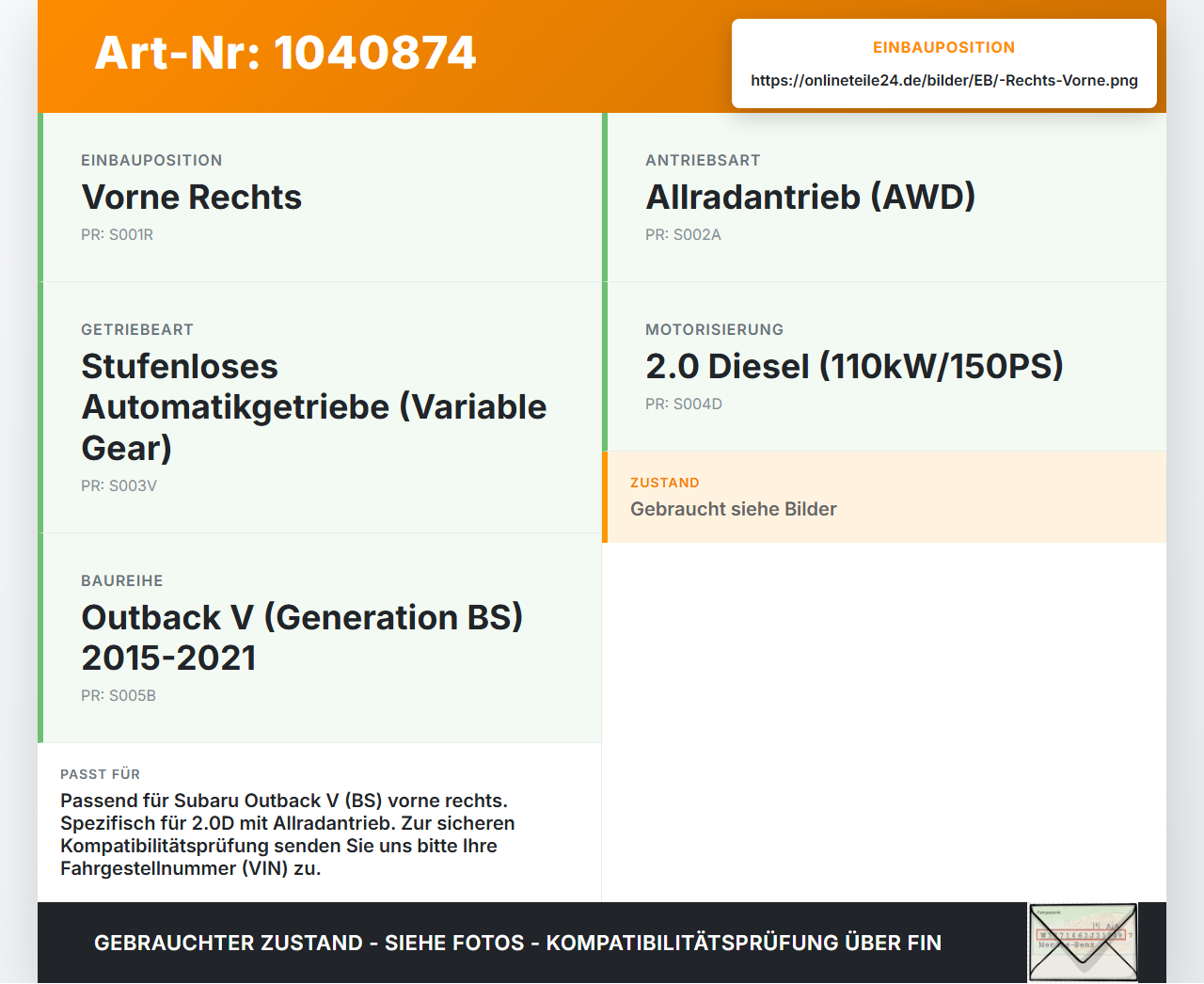 Subaru Outback V BS 15-21 2,0D 110KW Achsschenkel Radnabe Rechts Vorne Subaru Outback V BS 15-21 19.03.20154 gebraucht Vorschau 3