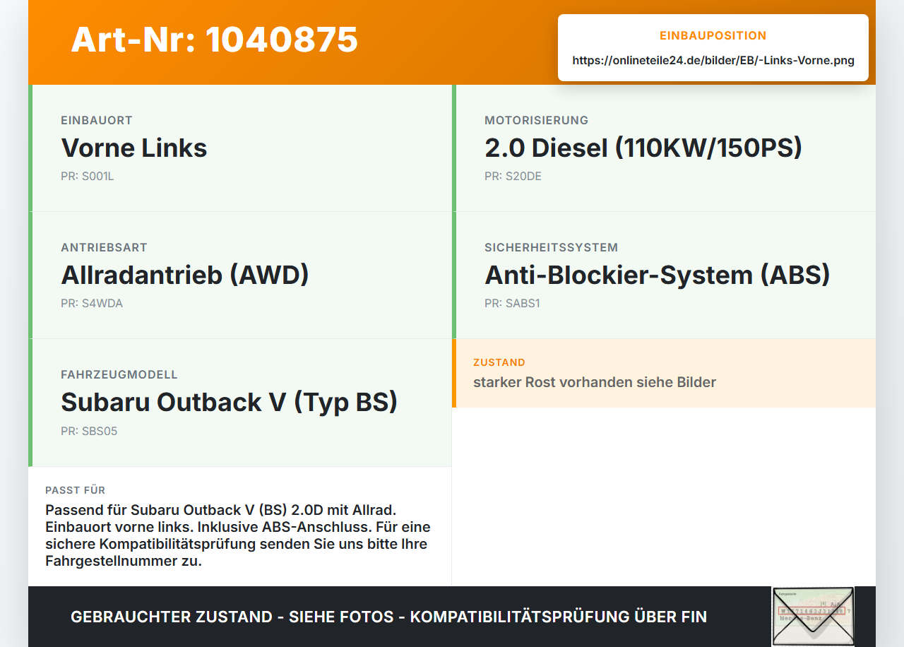 Subaru Outback V BS 15-21 2,0D 110KW Achsschenkel Radnabe mit ABS Links Vorne Subaru Outback V BS 15-21 19.03.20154... Vorschau 3