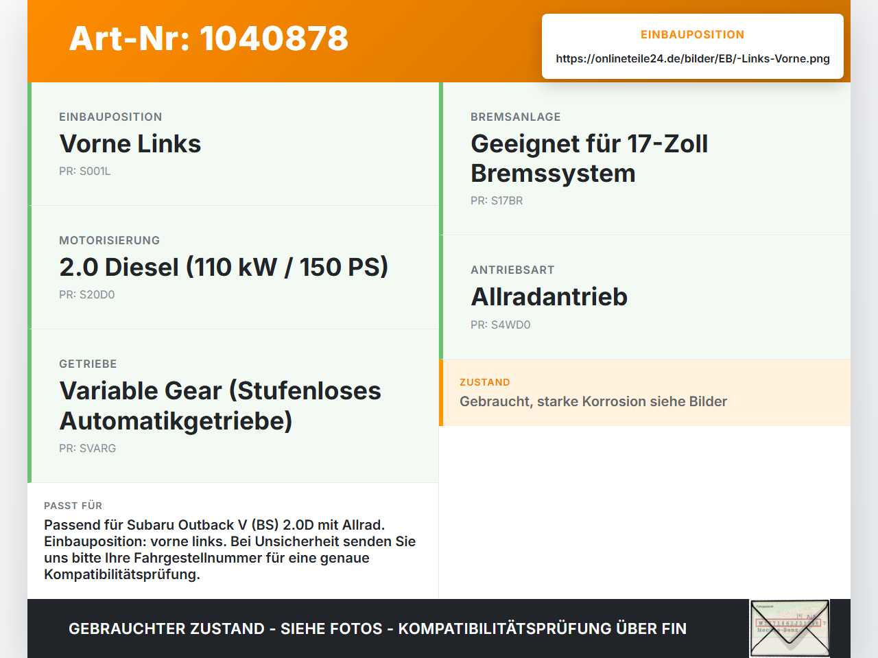 Subaru Outback V BS 15-21 2,0D 110KW Bremssattel Bremszange Vorne Links Subaru Outback V BS 15-21 19.03.20154 gebraucht Vorschau 3