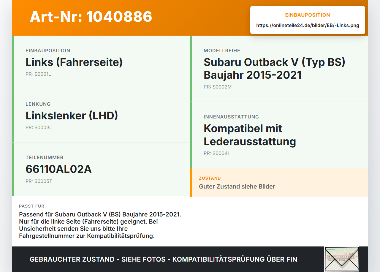 Subaru Outback V BS 15-21 Luftdusche Luftdüse Links Subaru Outback V BS 15-21 19.03.20154 66110AL02A gebraucht Vorschau 3