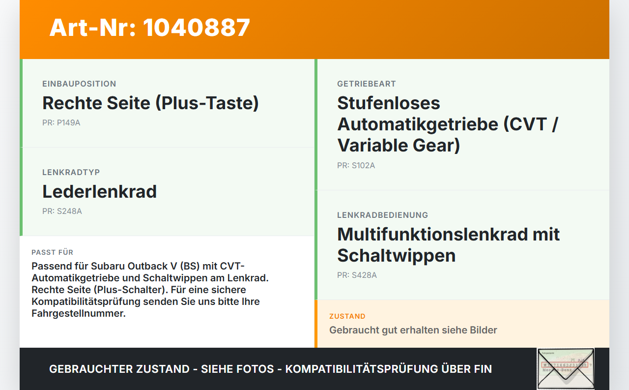 Subaru Outback V BS 15-21 Schaltwippe Schalter Plus für Lenkrad Subaru Outback V BS 15-21 19.03.20154 GS149-00800... Vorschau 3
