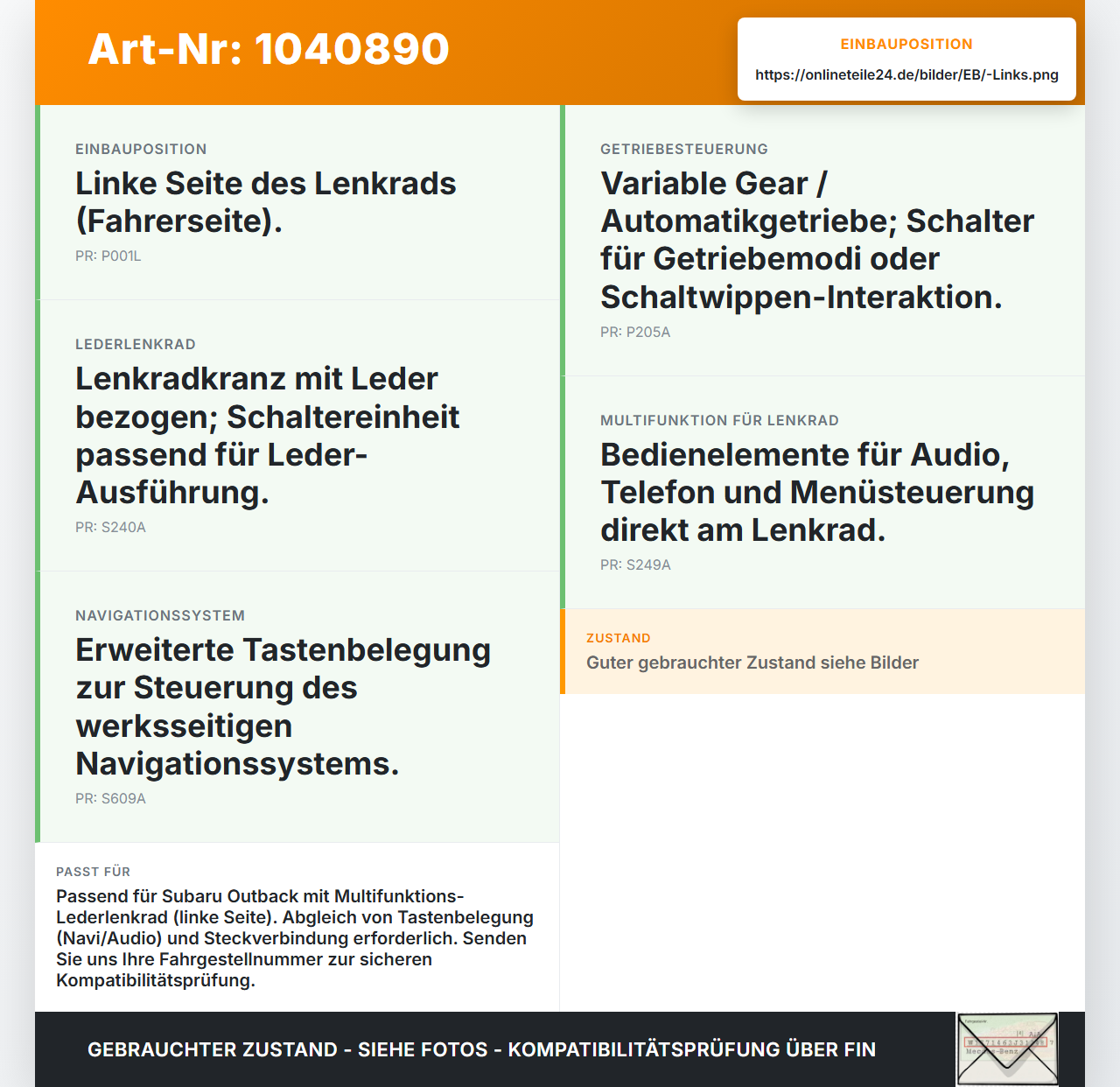 Subaru Outback V BS 15-21 Lenkradschalter Multifunktionstasten Schalter für Lenkrad Links Subaru Outback V BS 15-21... Vorschau 3