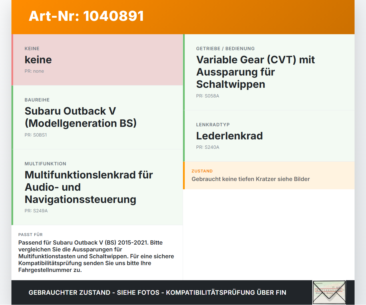 Subaru Outback V BS 15-21 Blende Innen Abdeckung für Lenkrad Subaru Outback V BS 15-21 19.03.20154 GS119-11000 gebraucht Vorschau 3