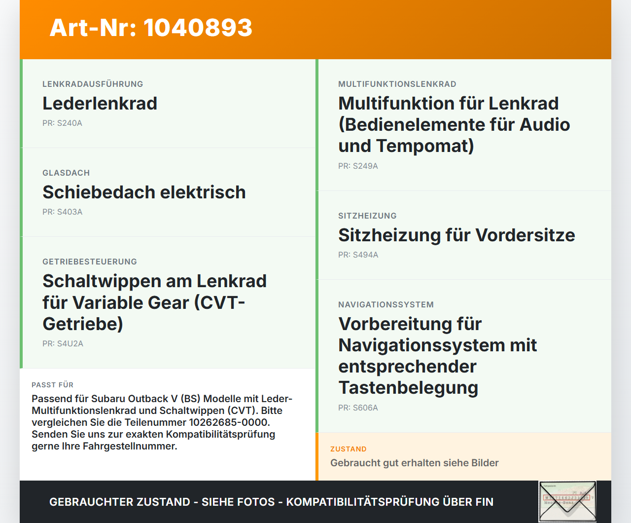 Subaru Outback V BS 15-21 Kabelbaum Kabel für Lenkrad Subaru Outback V BS 15-21 19.03.20154 10262685-0000 gebraucht Vorschau 3