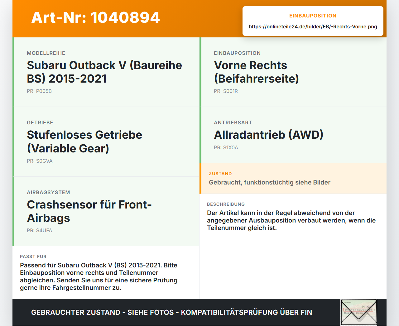 Subaru Outback V BS 15-21 Sensor für Airbag Crashsensor Airbagsensor Rechts Vorne Subaru Outback V BS 15-21... Vorschau 3