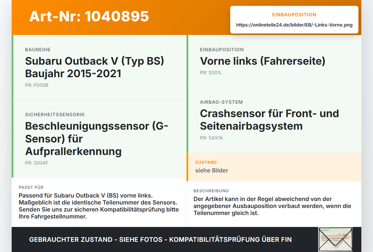 Subaru Outback V BS 15-21 Sensor für Airbag Crashsensor Airbagsensor Links Vorne Subaru Outback V BS 15-21... Vorschau 3
