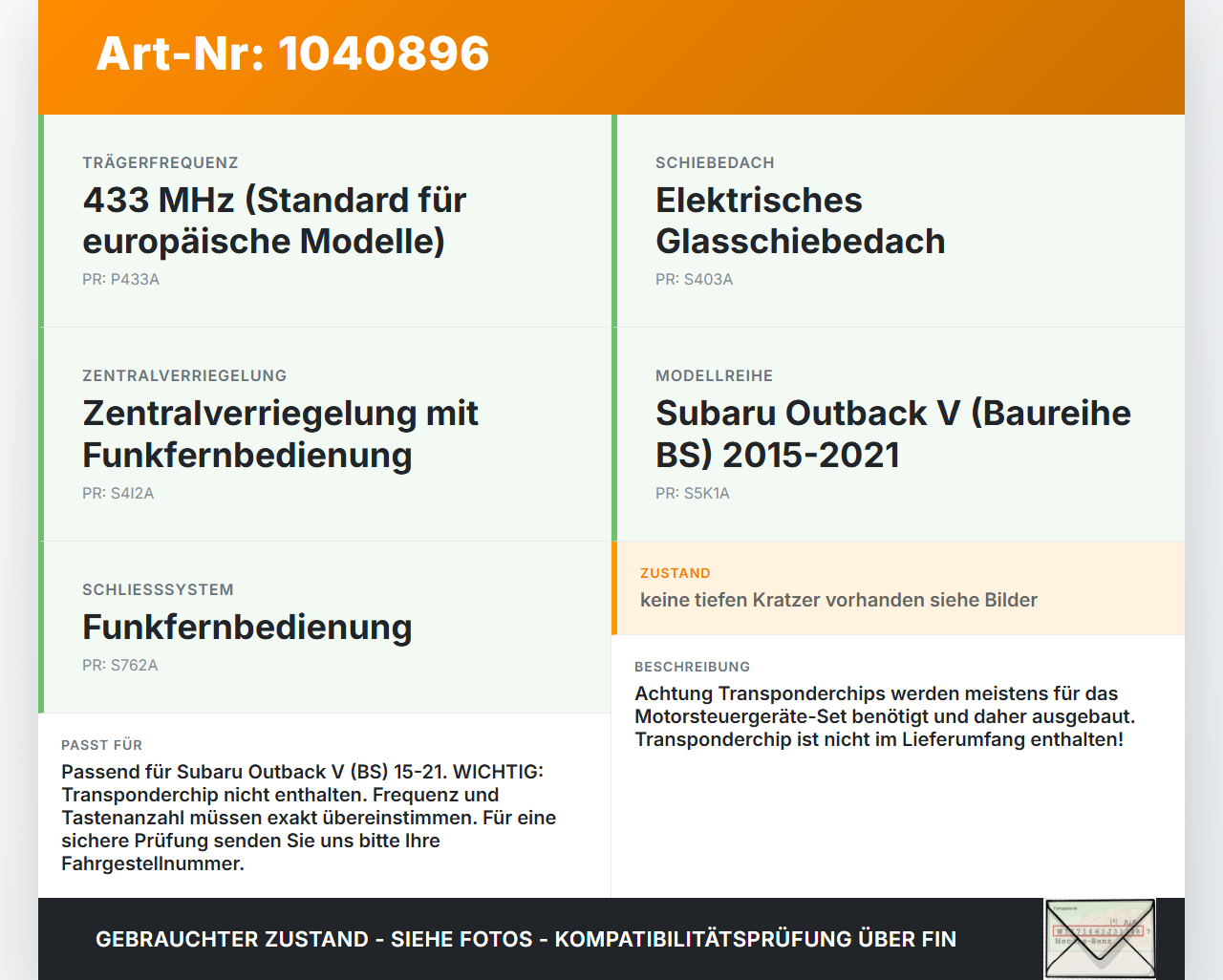 Subaru Outback V BS 15-21 Fernbedienung Funk Funkschlüssel Subaru Outback V BS 15-21 19.03.20154 gebraucht Vorschau 3