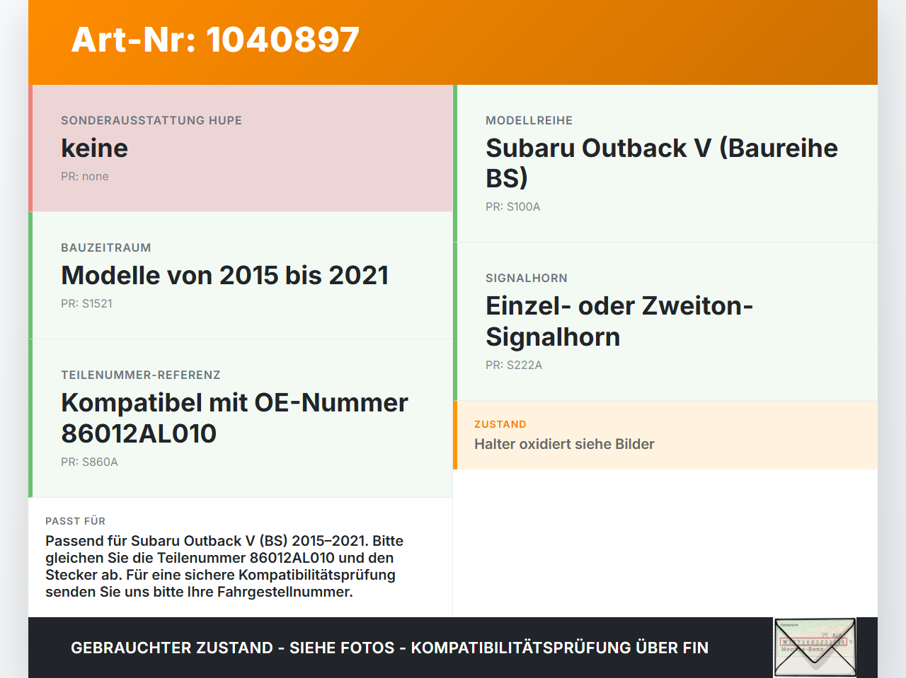 Subaru Outback V BS 15-21 Hupe Signalhorn Subaru Outback V BS 15-21 19.03.20154 86012AL010 gebraucht Vorschau 3