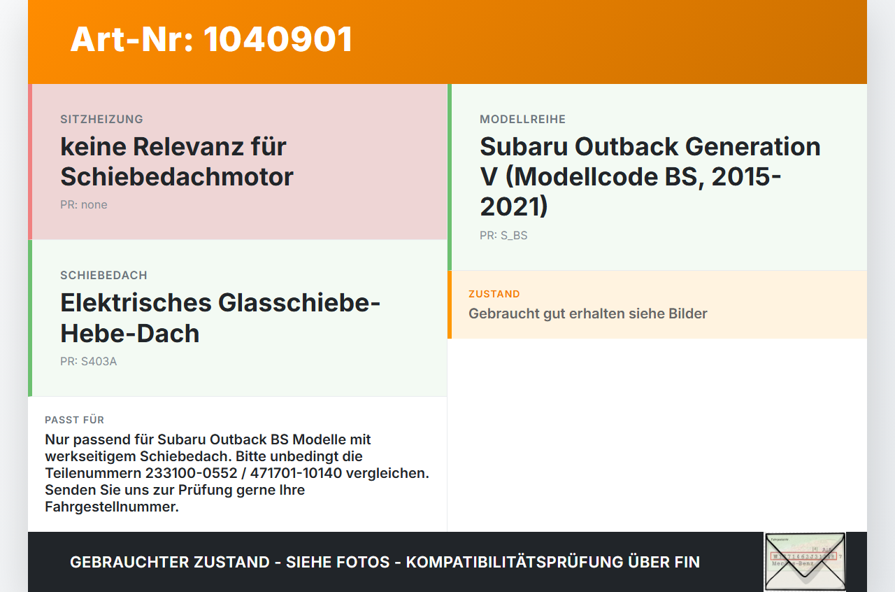 Subaru Outback V BS 15-21 Schiebedachmotor Subaru Outback V BS 15-21 19.03.20154 471701-10140 233100-0552 gebraucht Vorschau 3