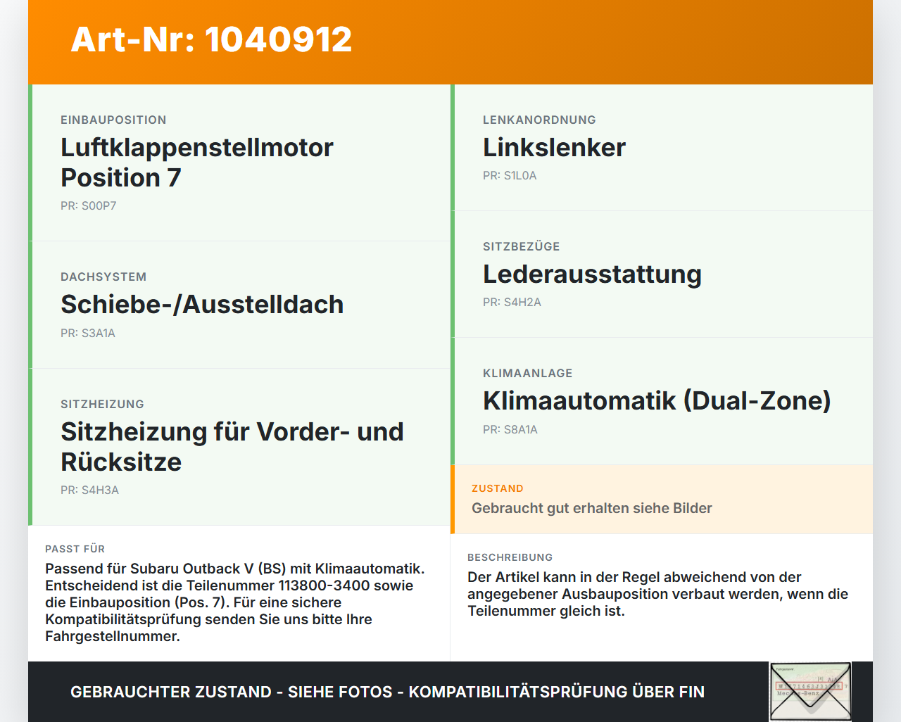 Subaru Outback V BS 15-21 Luftklappenstellmotor Stellmotor Pos.7 Subaru Outback V BS 15-21 19.03.20154 113800-3400... Vorschau 3