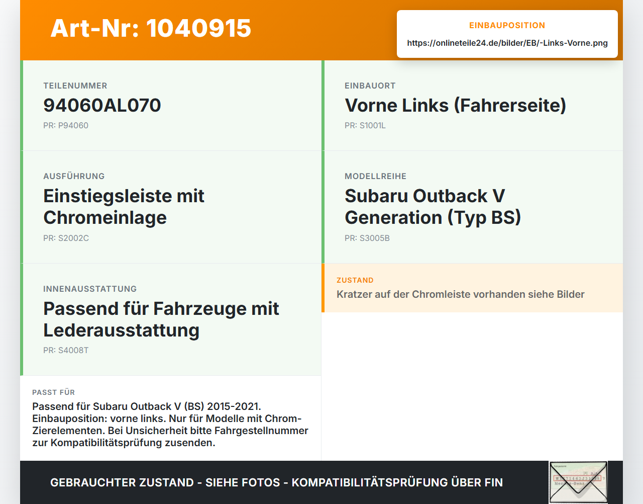 Subaru Outback V BS 15-21 Einstiegsleiste Links Vorne Subaru Outback V BS 15-21 19.03.20154 94060AL070 gebraucht Vorschau 3