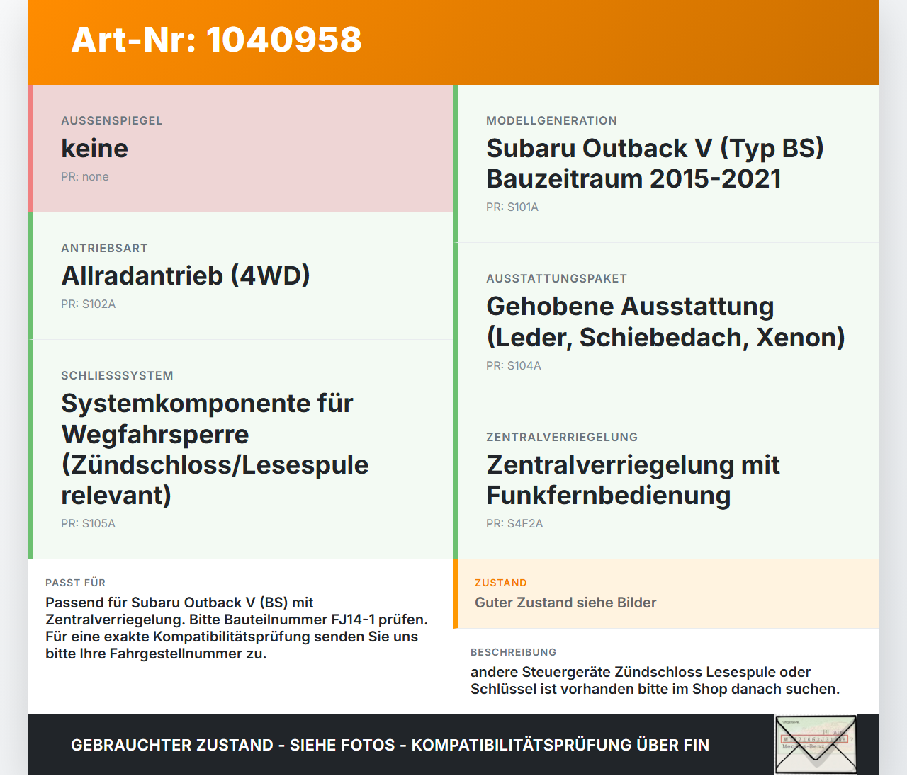 Subaru Outback V BS 15-21 Steuergerät für ZV Zentralverriegelung Subaru Outback V BS 15-21 19.03.20154 88801AL021... Vorschau 3