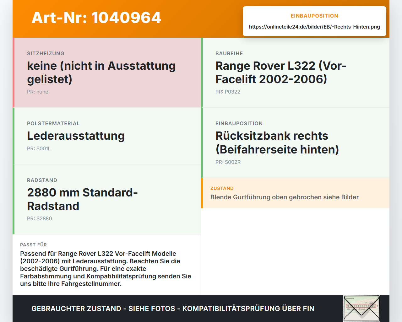 Land Range Rover III L322 02-06 Sitz Rechts Hinten Leder Land Range Rover III L322 02-06 02.08.2002 gebraucht Vorschau 3