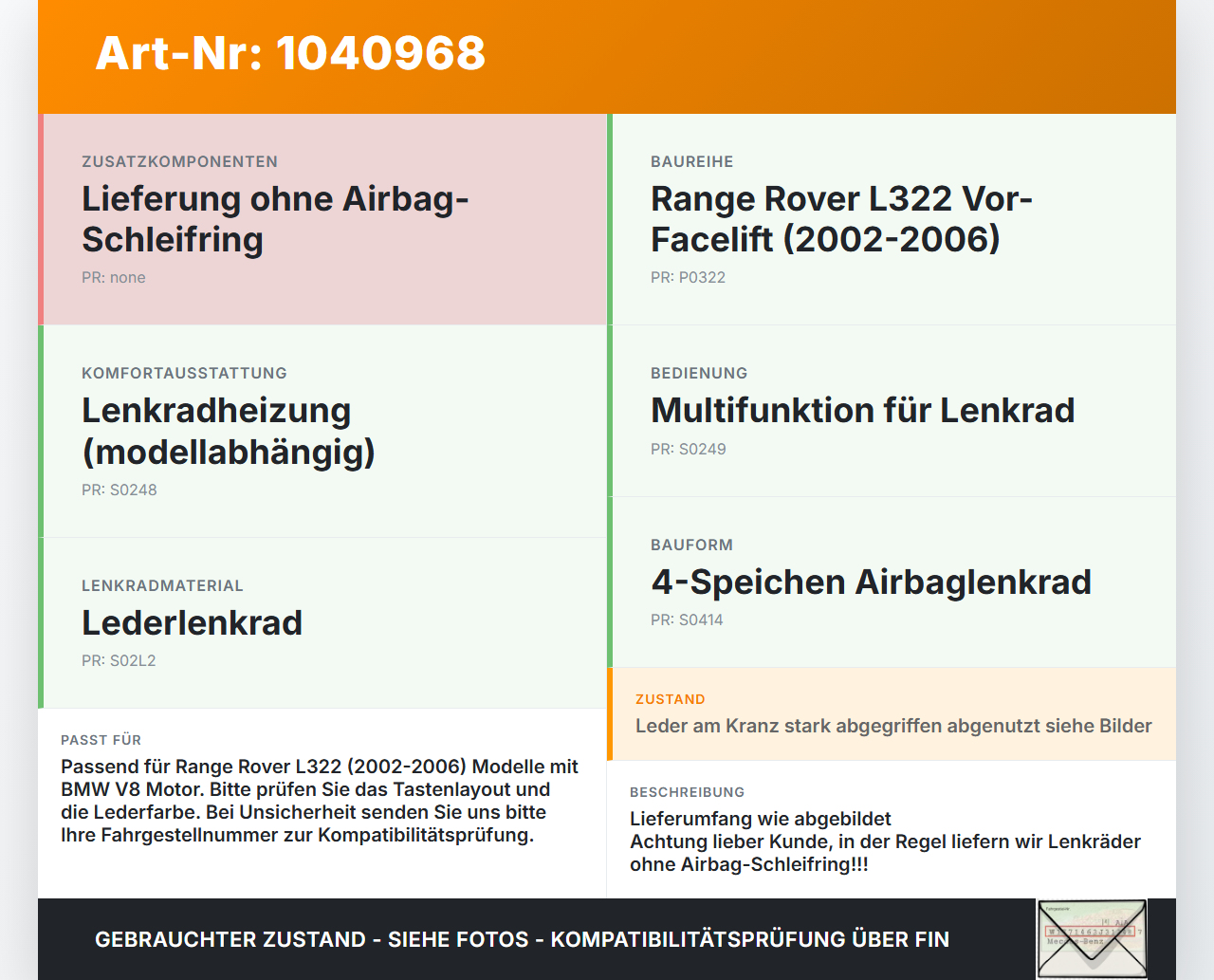 Land Range Rover III L322 02-06 Lenkrad Airbaglenkrad Land Range Rover III L322 02-06 02.08.2002 61277000A... Vorschau 3