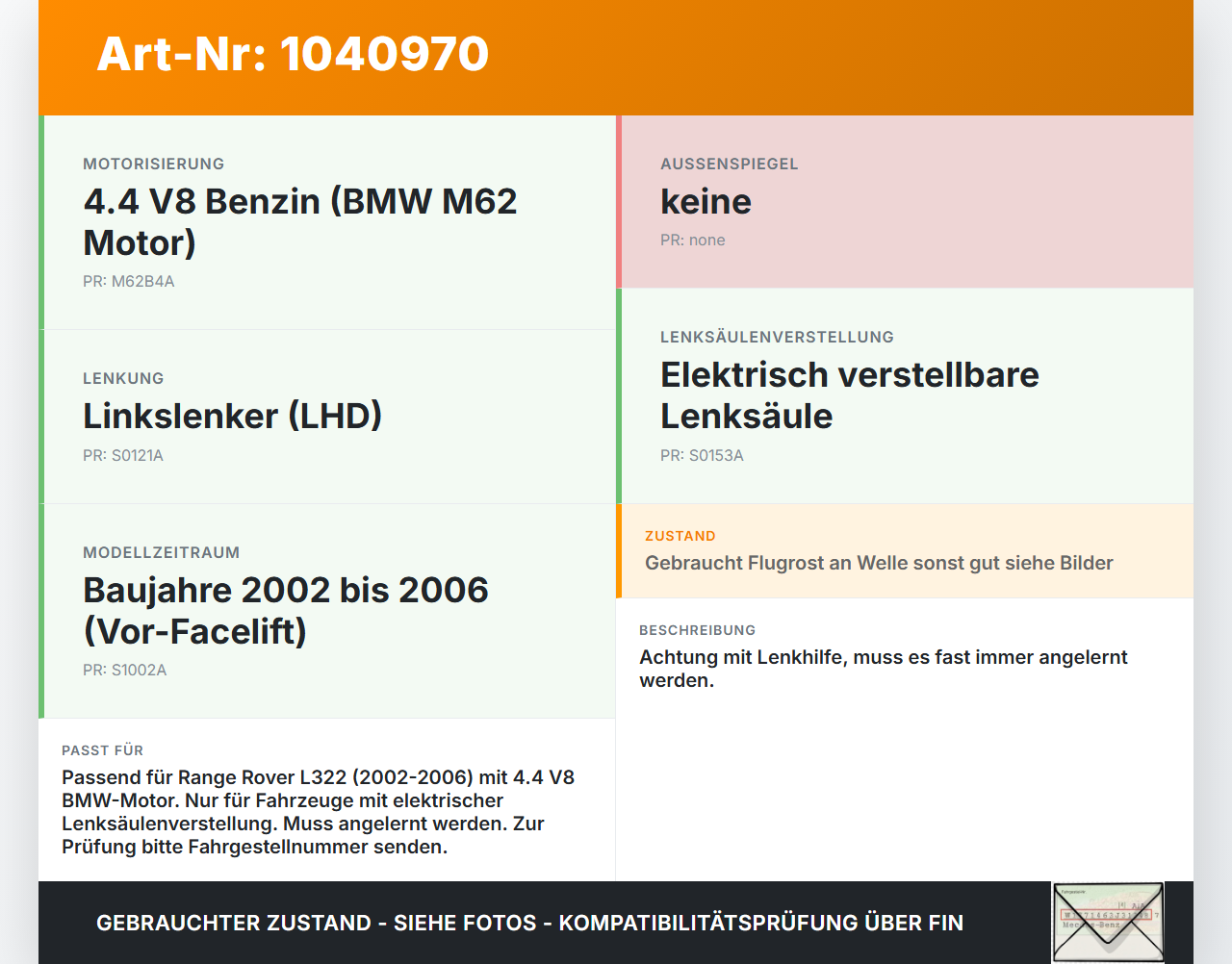 Land Range Rover III L322 02-06 Lenkhilfe Lenksäule elektrisch Land Range Rover III L322 02-06 02.08.2002 LR005935... Vorschau 3