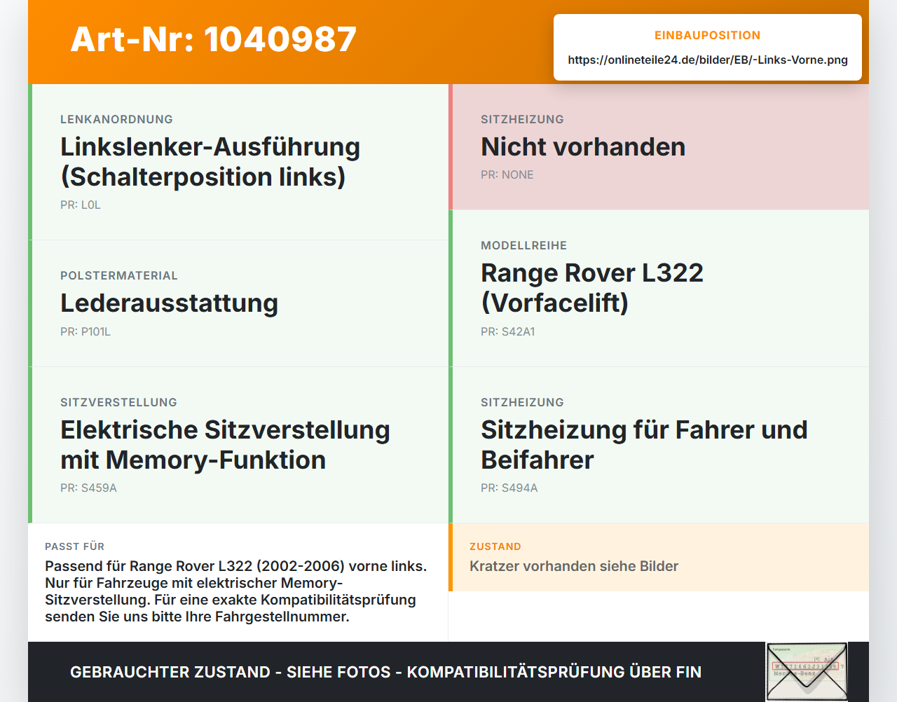 Land Range Rover III L322 02-06 Schalter Sitzverstellung Memory Links Vorne Land Range Rover III L322 02-06... Vorschau 3