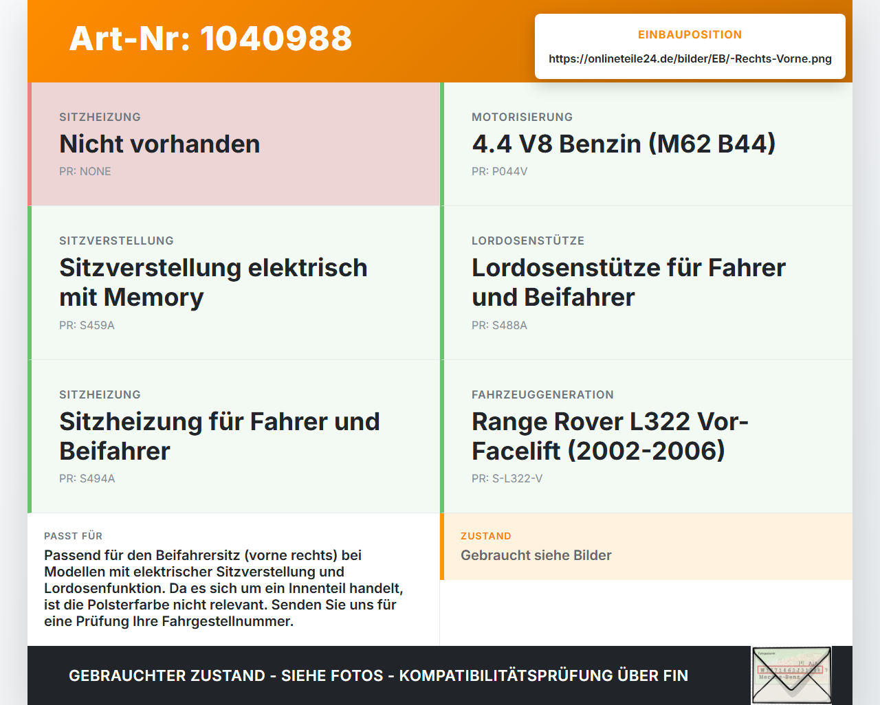 Land Range Rover III L322 02-06 4,4 210KW Lordosenkissen für Beifahrer Sitz Rechts Vorne Land Range Rover III L322... Vorschau 3