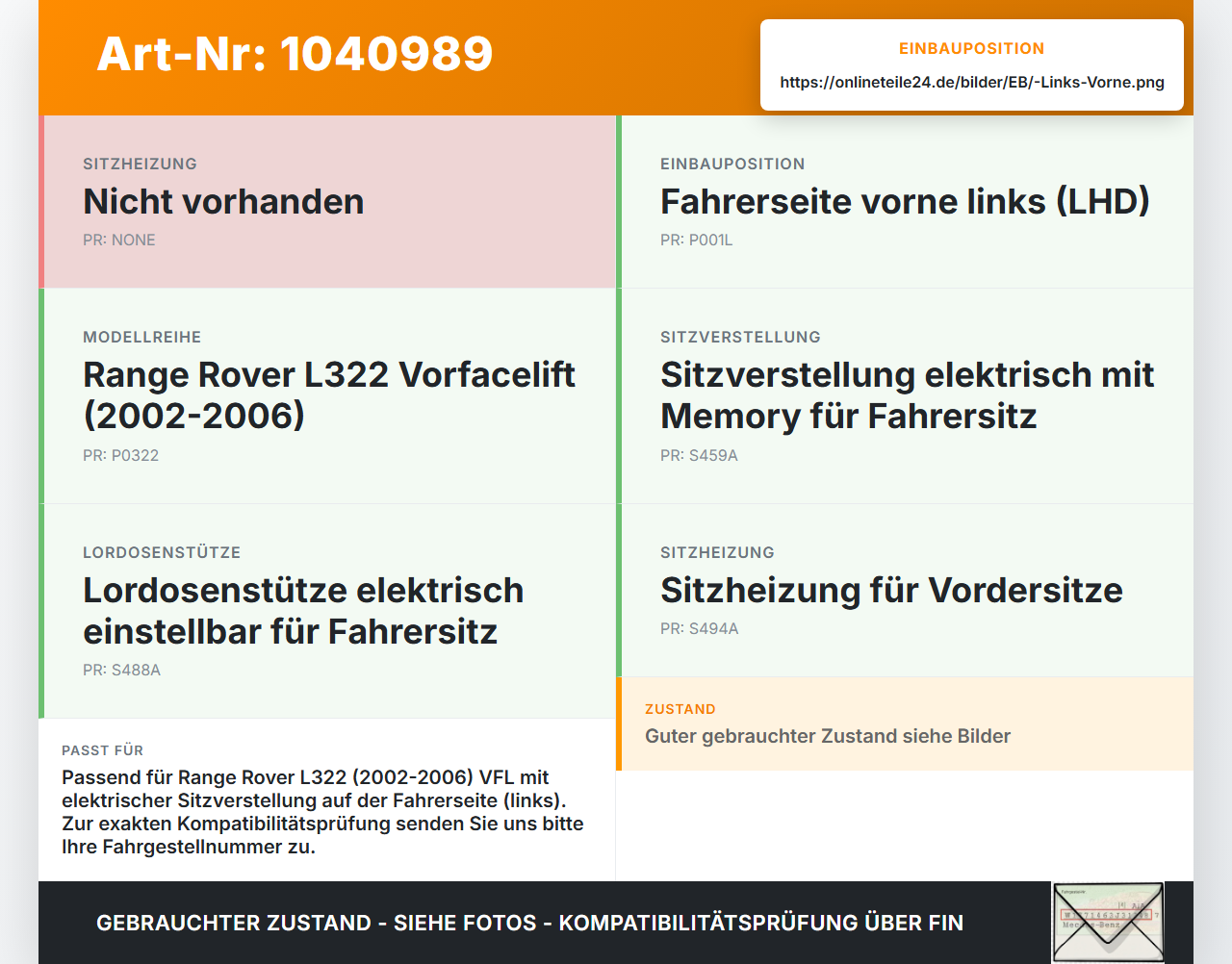 Land Range Rover III L322 02-06 4,4 210KW Lordosenkissen für Fahrer Sitz Links Vorne Land Range Rover III L322... Vorschau 3