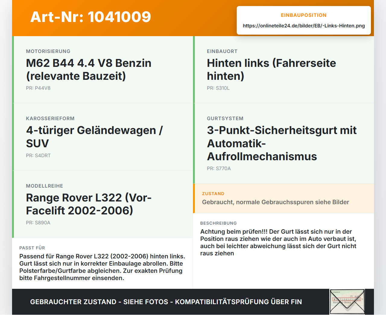 Land Range Rover III L322 02-06 Gurt Sicherheitsgurt Links Hinten Land Range Rover III L322 02-06 02.08.2002 gebraucht Vorschau 3