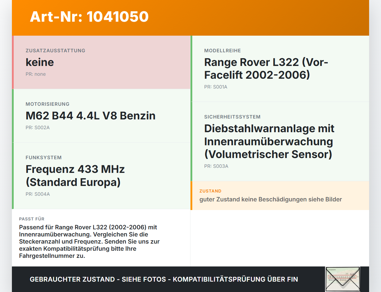 Land Range Rover III L322 02-06 4,4 210KW Sensor Alarmsensor Bewegungsmelder Land Range Rover III L322 02-06... Vorschau 3
