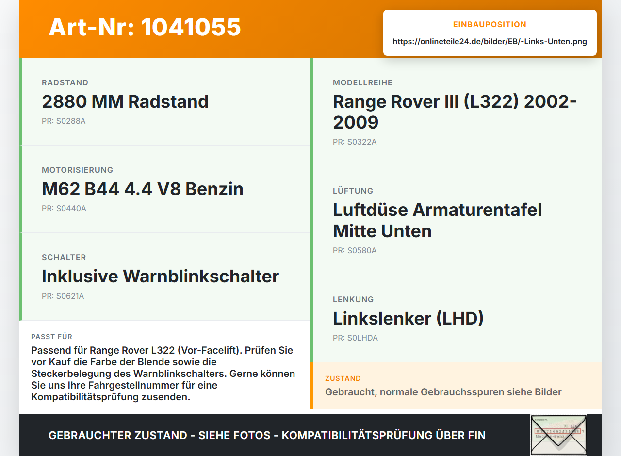 Land Range Rover III L322 02-06 Luftdusche Luftdüse Mitte Unten Warnblinkschalter Land Range Rover III L322 02-06... Vorschau 3