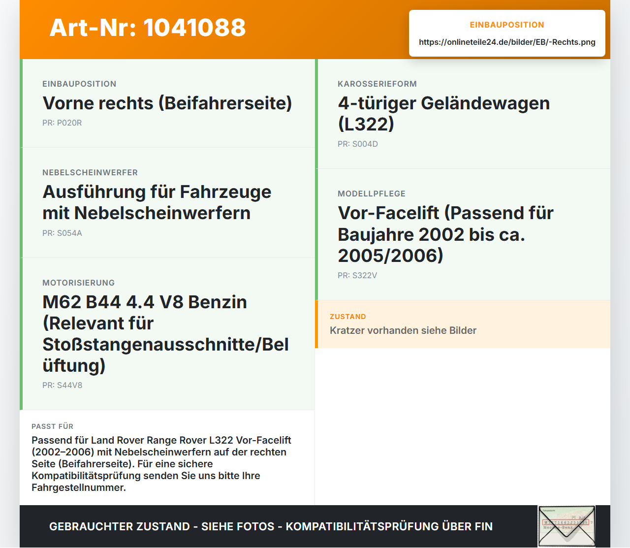 Land Range Rover III L322 02-06 Blende für Nebelscheinwerfer Stoßstange Rechts Land Range Rover III L322 02-06... Vorschau 3
