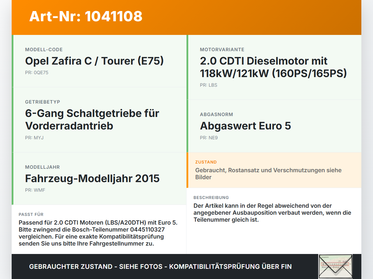 Opel Zafira C 11-16 CDTi 2,0 121KW Injektor Einspritzdüse Zyl.2 Opel Zafira C 11-16 16.10.2014 0445110327 gebraucht Vorschau 3