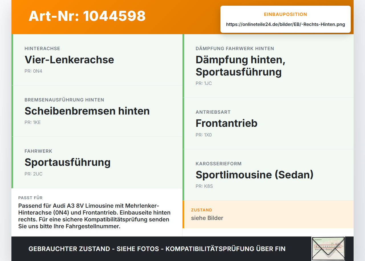 Audi A3 8V 8VS 16-20 Lim TDI 2,0 110KW Achsschenkel Radnabe Rechts Hinten Audi A3 8V 8VS 16-20 18.12.2019... Vorschau 3