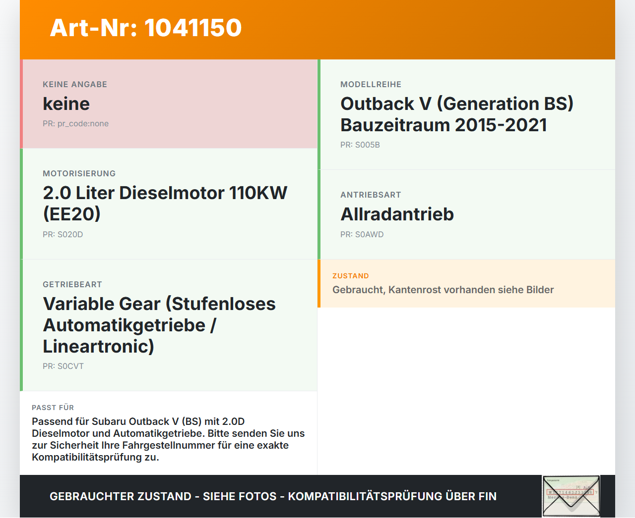 Subaru Outback V BS 15-21 2,0D 110KW Bremskraftverstärker Subaru Outback V BS 15-21 19.03.20154 gebraucht Vorschau 3