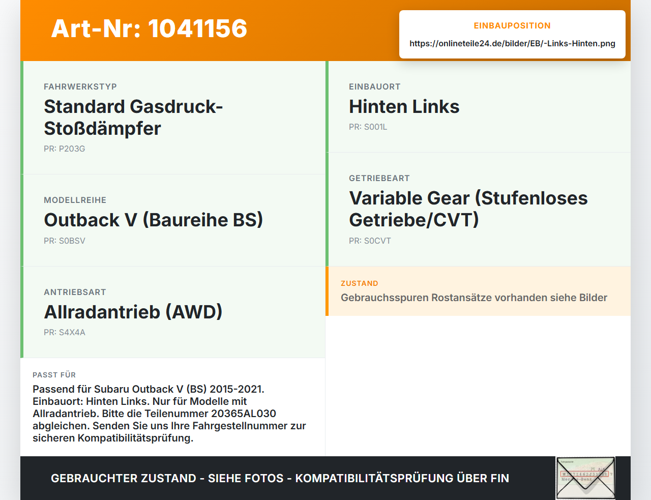 Subaru Outback V BS 15-21 Federbein Stossdämpfer Hinten Links Subaru Outback V BS 15-21 19.03.20154 20365AL030 gebraucht Vorschau 3