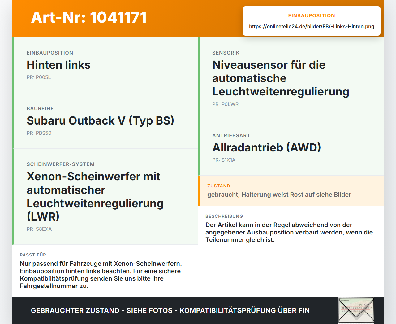 Subaru Outback V BS 15-21 Niveausensor Xenon LWR Sensor Neigung Links Hinten Subaru Outback V BS 15-21 19.03.20154... Vorschau 3