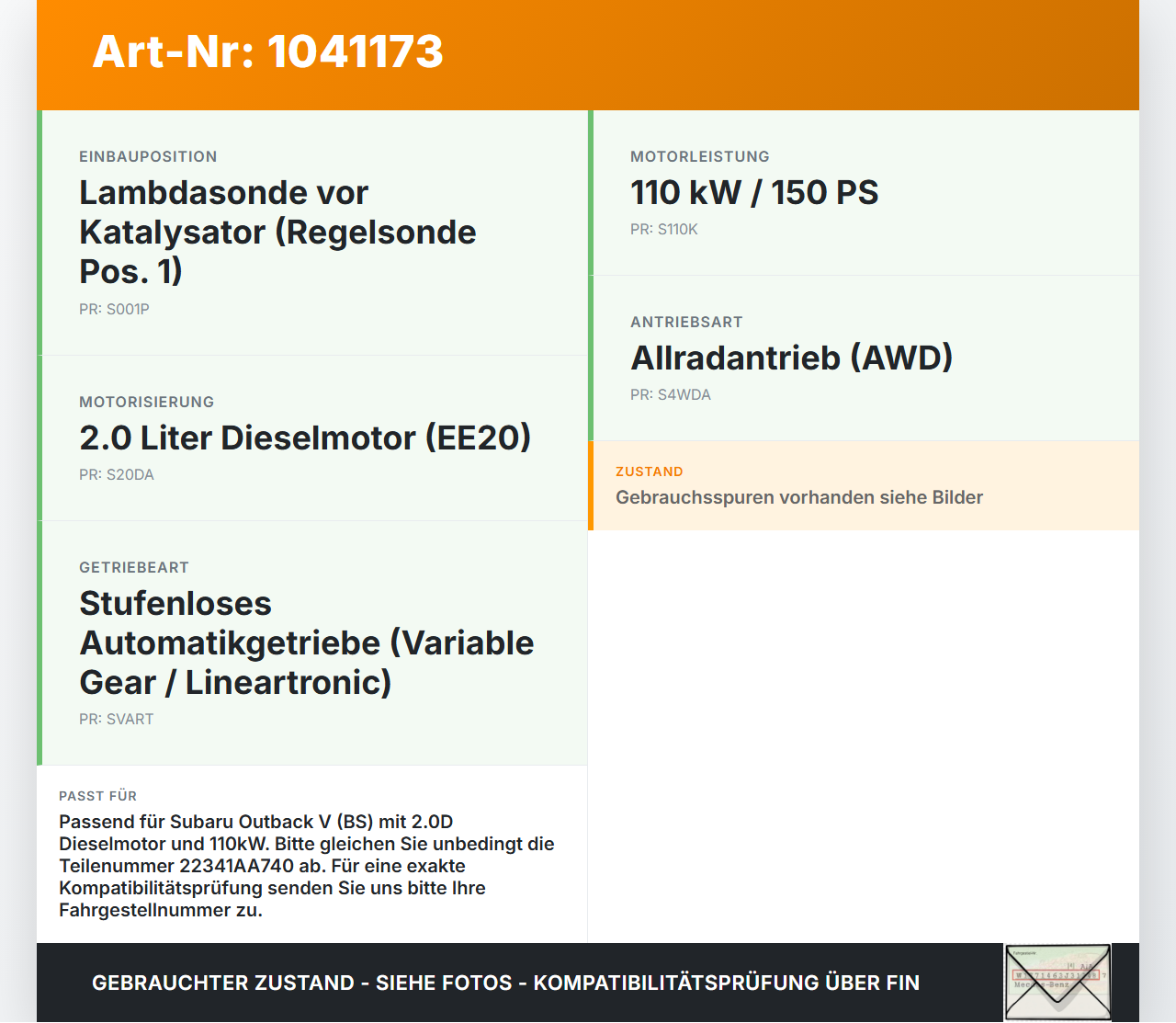 Subaru Outback V BS 15-21 2,0D 110KW Lambdasonde Pos.1 Subaru Outback V BS 15-21 19.03.20154 22341AA740 gebraucht Vorschau 3