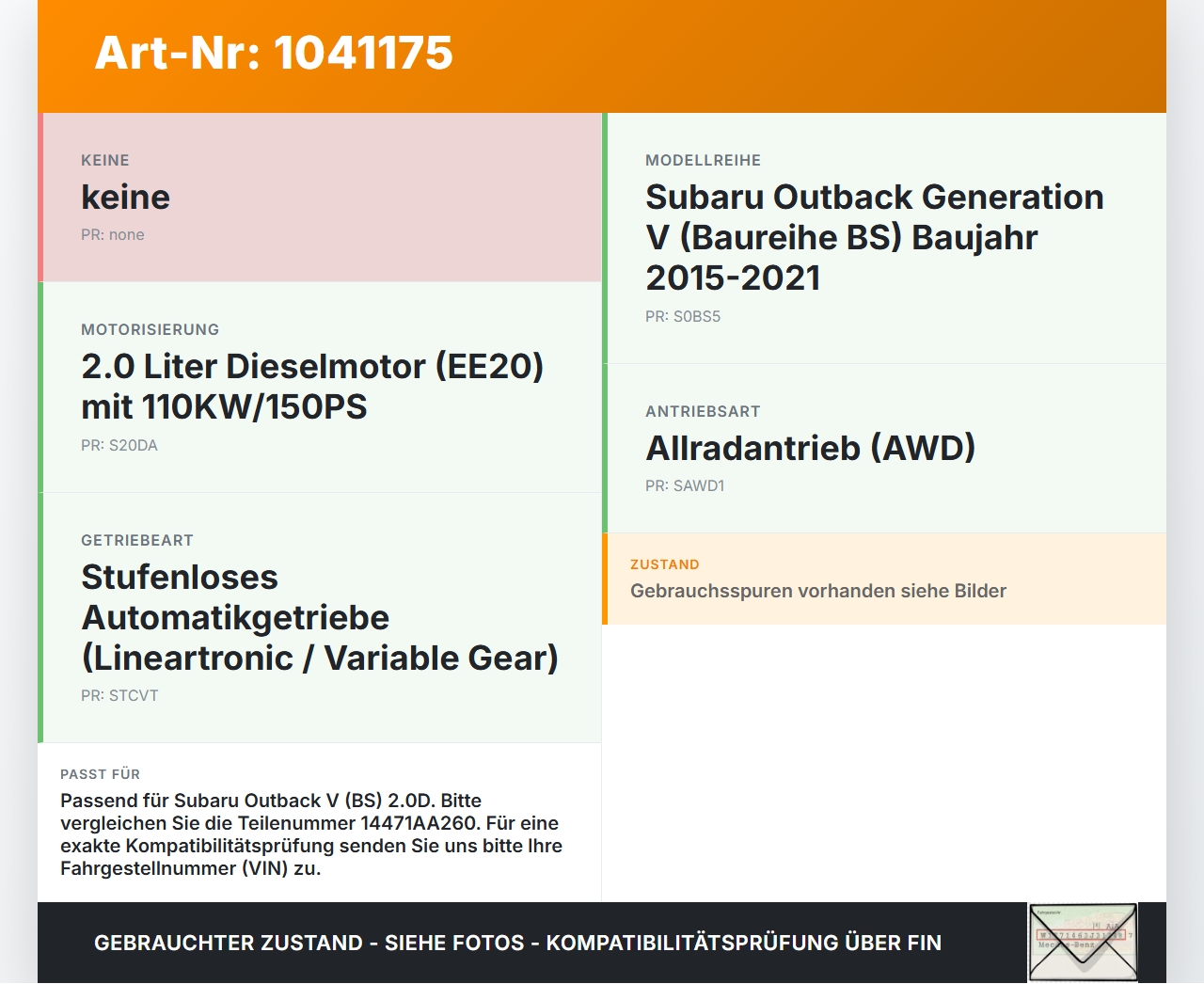 Subaru Outback V BS 15-21 2,0D 110KW Magnetventil Subaru Outback V BS 15-21 19.03.20154 7.05594.01 14471AA260... Vorschau 3