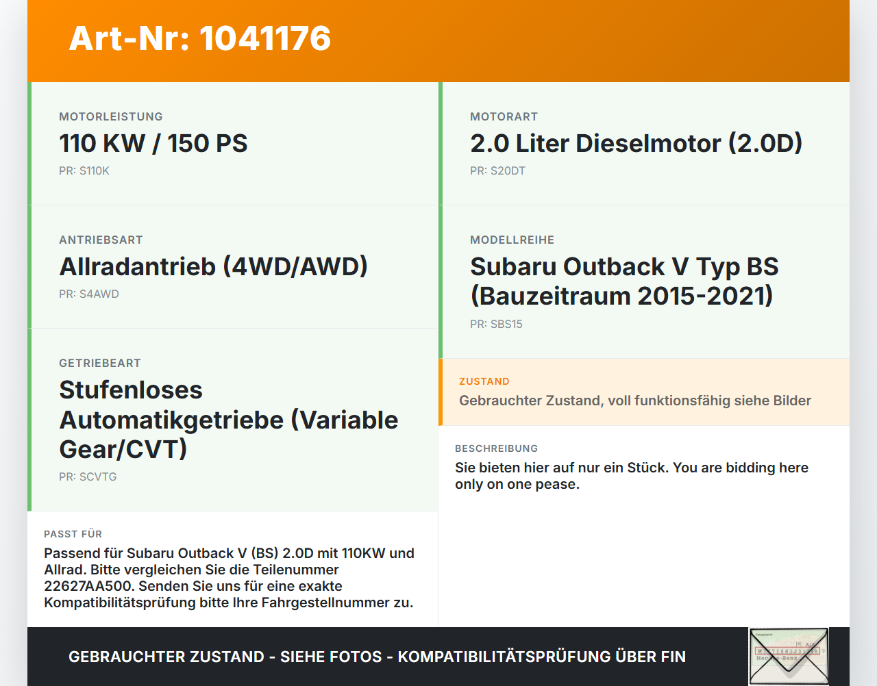 Subaru Outback V BS 15-21 2,0D 110KW Magnetventil Pos.1 Subaru Outback V BS 15-21 19.03.20154 22627AA500 41MPP1-2... Vorschau 3