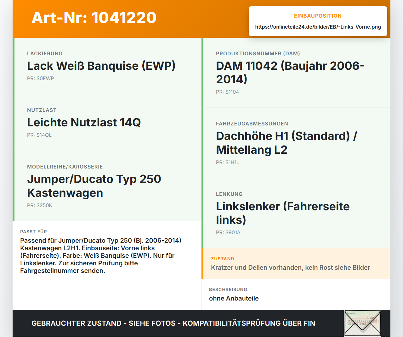 Jumper Ducato 250 06-14 Kasten Tür Fahrertür Links Vorne EWP Jumper Ducato 250 06-14 20.04.2007 gebraucht Vorschau 3