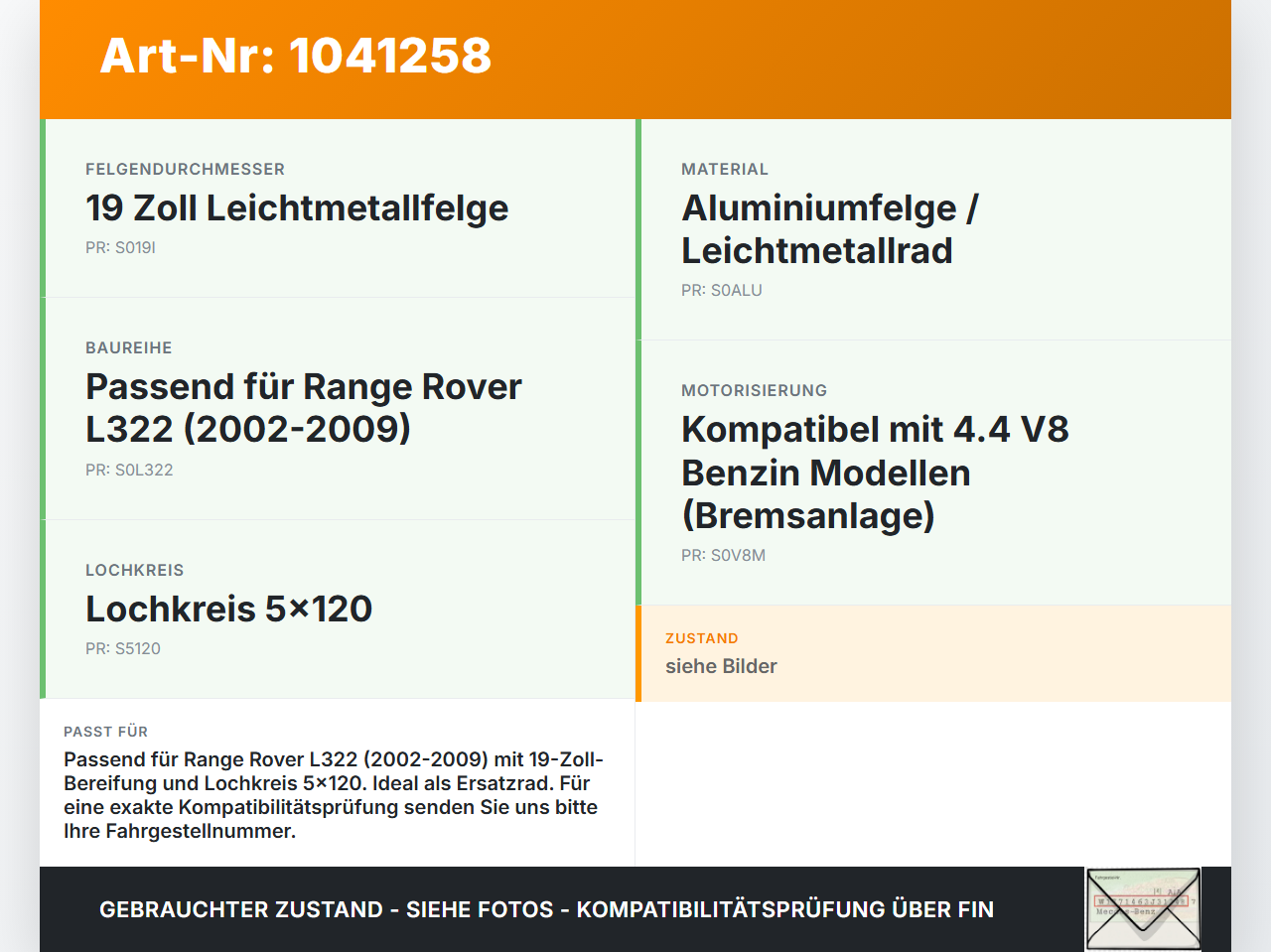 Land Range Rover III L322 02-06 1 x Komplettrad Ersatzrad Aluminiumfelge Sommerreifen /R19 5X120 Land Range Rover... Vorschau 3